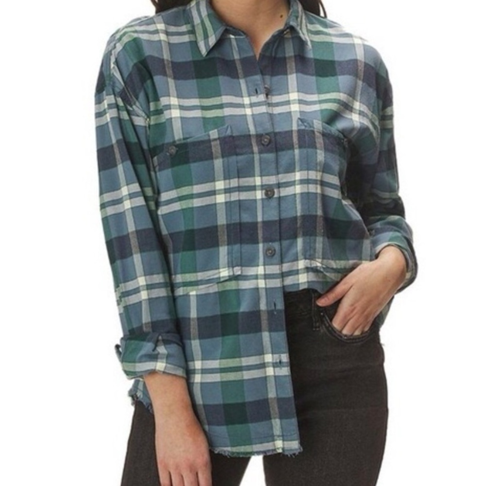 Free People Oversized Blue Plaid Button Up with Raw Hem- size S